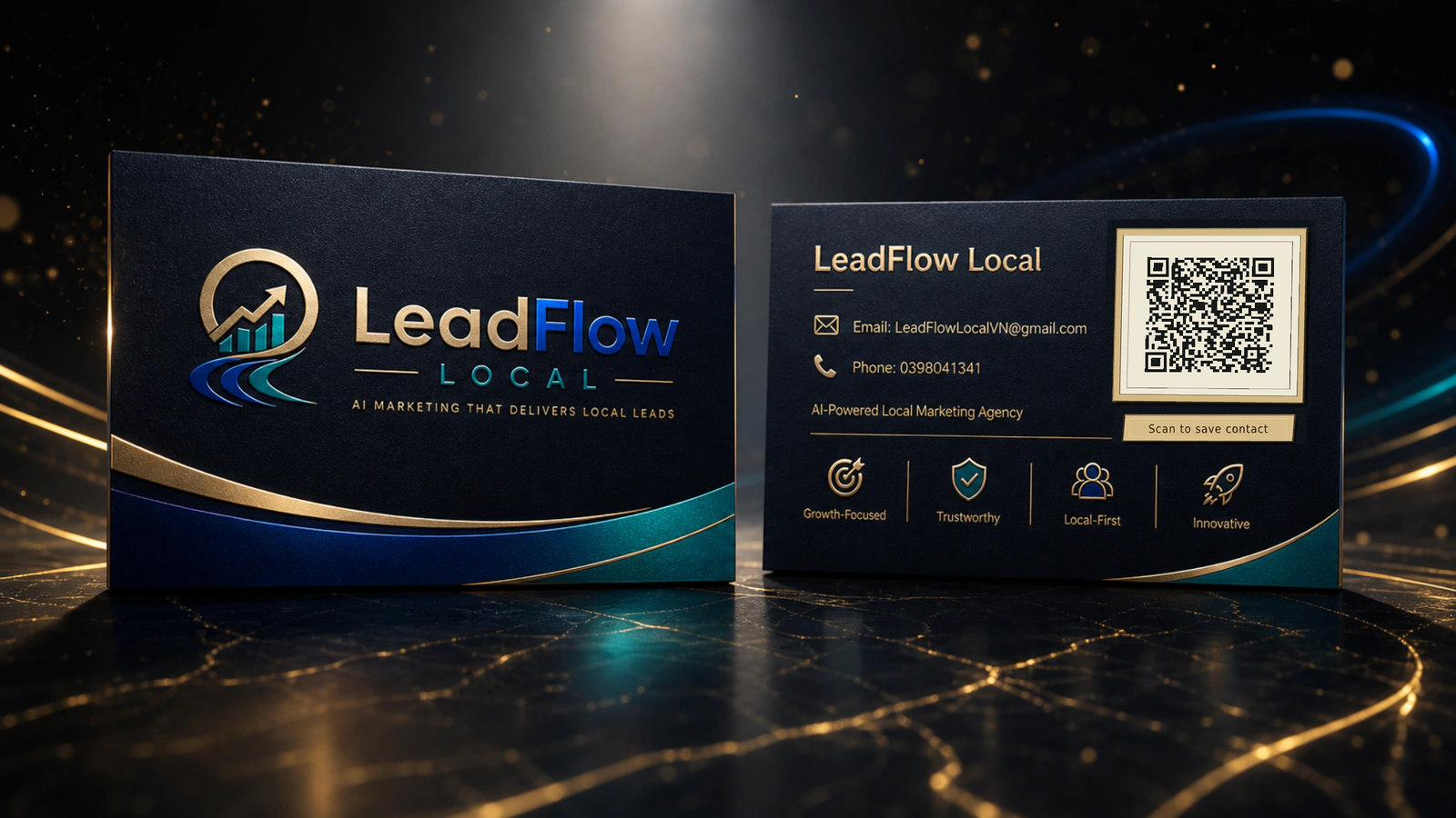 LeadFlow Local business card with email, phone, and QR code